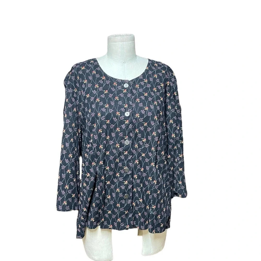 FLAX Black Purple Floral Print‎ Corduroy Top Size Medium